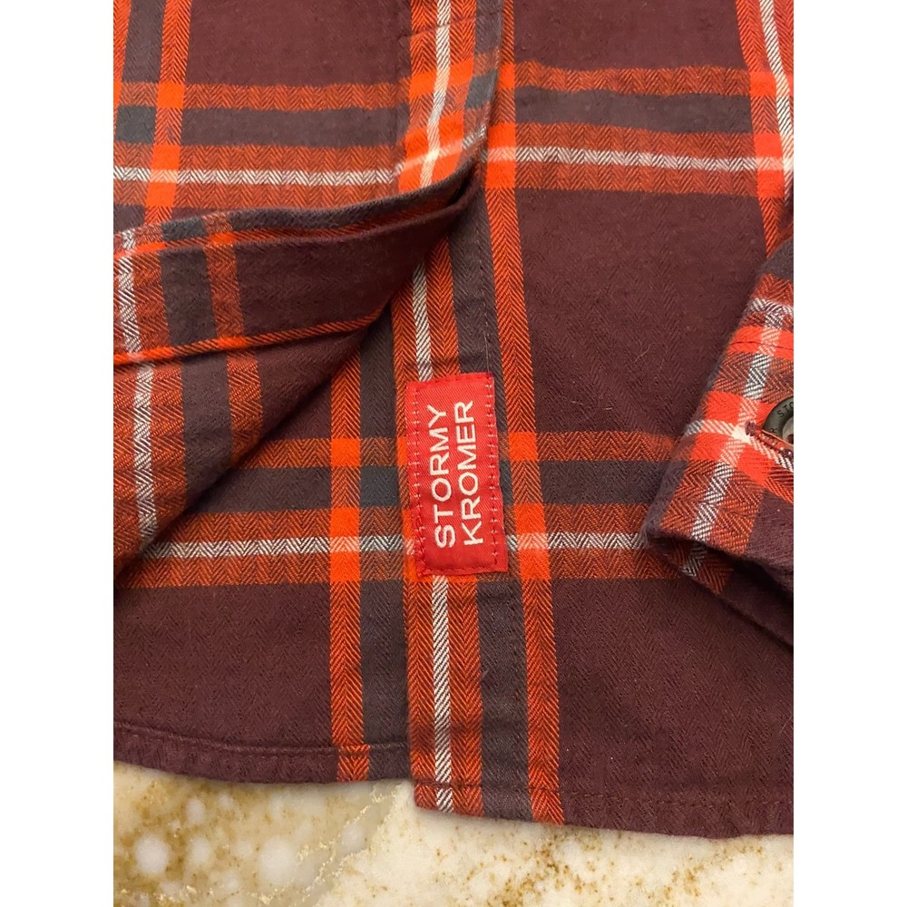 Stormy Kromer Womens Small Flannel Shirt Plaid Orange Brown 1903 Logo Button - Picture 7 of 8